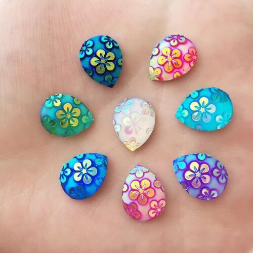 80pcs AB Resin 10*14mm Drop Flower Flat Back Rhinestone Appliques DIY Wedding Scrapbook Craft SD86A*2