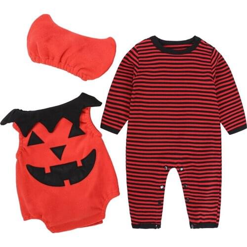 Kids Halloween Pumpkin Costume 3 Piece Set Vest Jumpsuit Hat Suits Toddler Newborn Baby Infant Party Outfits 3-24 Months