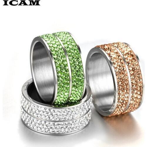 ICAM 6 Rows Crystal Stainless Steel Ring Women for Elegant Full Finger Love Wedding Engagement Rings Jewelry Men