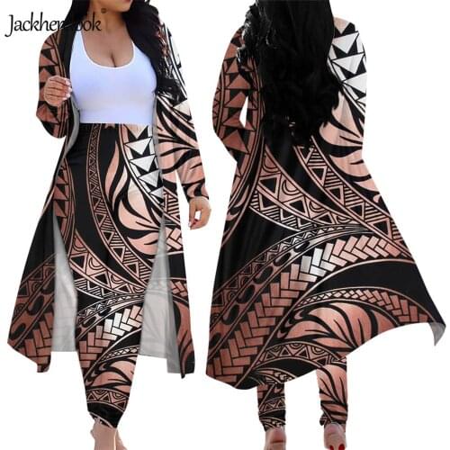 Jackherelook Vintage Polynesian Tattoo Print Womens 2 Piece Long Sleeved Cardigan Casaual Bodycon High Waist Leggings Pants Set