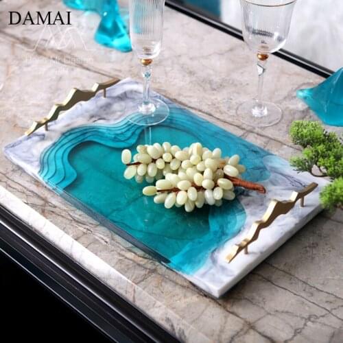 Chinese Mountain Watercolor Painting Trays Decorative Gold Inlay Handle Living Room Desktop Storage Tray Home Decoration Modern