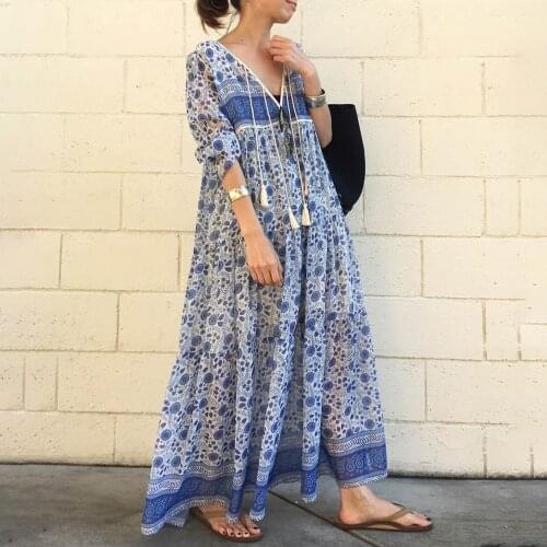 Vintage floral printed dress summer boho a line women dresses pleated female pullover holiday casual femme vestiods one piece