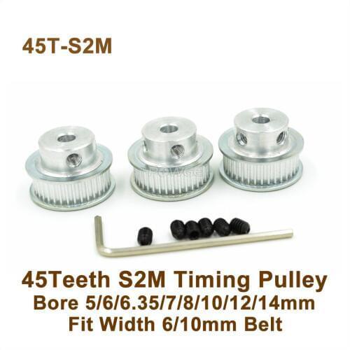 POWGE 45 Teeth S2M Timing Pulley Bore 5-14mm Fit W=6/10mm STD2M Synchronous Belt 45T 45Teeth STD2M Timing Belt Pulley 45-S2M