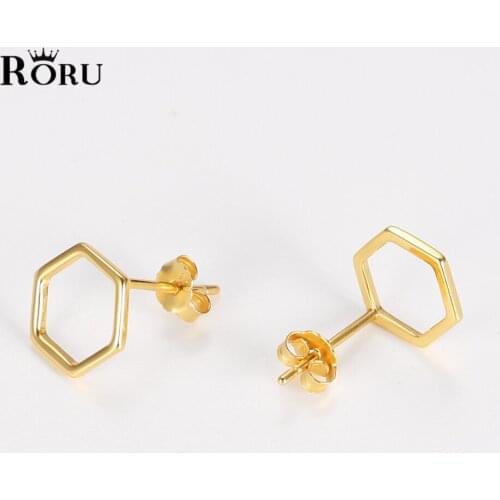 Silver S925 Sterling Small Smooth Geometric Hexagon Hollow Out Stud Earrings Gold Plated Stud Ear Rings for Women Girls Gifts