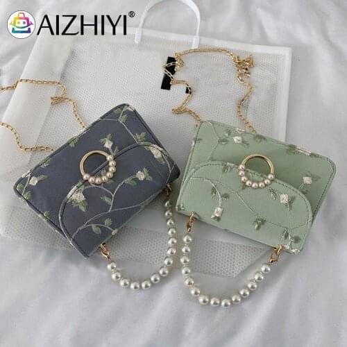 2021 Mini Chain Handbag Women PU Net Yarn Flower Embroidery Messenger Shoulder Bag Vintage Pearl Chain Handbags