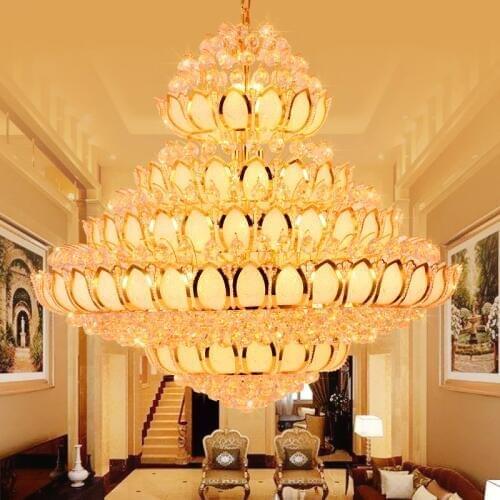 LED Modern Crystal Chandelier Lights Golden Lotus Flower Chandeliers Lighting Fixture Home Indoor Lobby Villa Big Flower Lamp