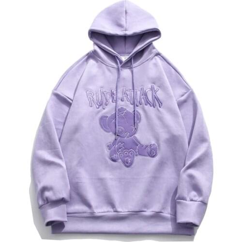 Japanese Harajuku Streetwear Embroidered Bear Hoodie for Women and Men Oversized Hip Hop Pullover Embroider Hooded Sweatshirt