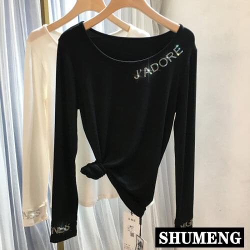 European New Spring Heavy Work Hot Drill Base Shirt Round Neck Female Flash Letter Long-sleeved T-shirt Womens Pullover Tops