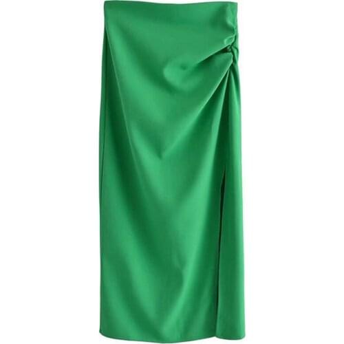 Aonibeier 2021 Summer Fashion High Waist Zipper Back Ruched Detail Split Side Women Casual Straight Midi Skirts Green Femme Jupe