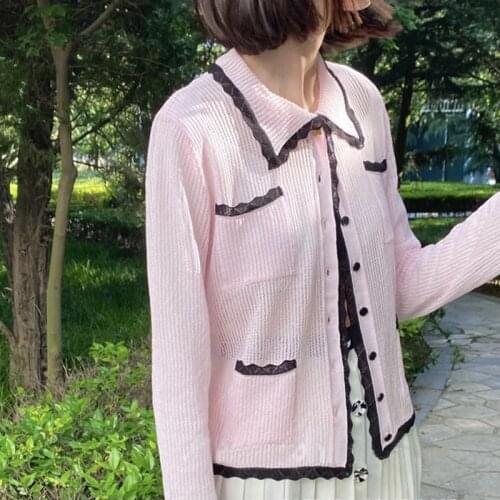 Women Sweater2021 Autumn New Pocket Thin Knit Sweater Top Contrast Color Lapel Long-sleeved Cardigan Women