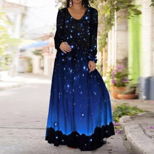 Womens Dresses 2021 Autumn Long Sleeve Starry Sky Print Boho Loose Long Maxi Dress Plus Size Casual Party Dresses Vestidos