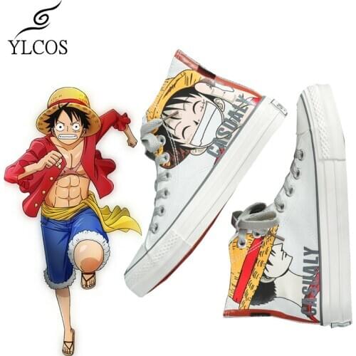 Anime ONE PIECE Monkey D. Luffy Canvas Shoes For Unisex Black And White High Top Canvas Boots