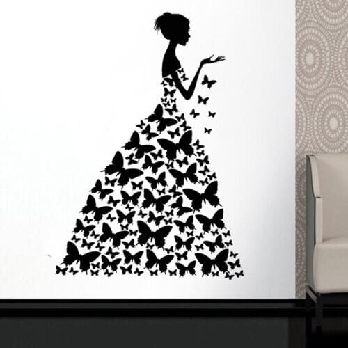 Butterfly Dress Window Sticker Beauty Salon Woman Fashion Style Clothing Boutique Dress Black Dress Model AM34