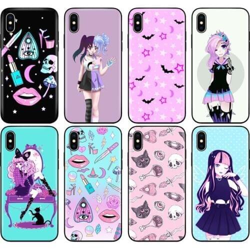 Black tpu case for iphone 5 5s SE 2020 6 6s 7 8 plus x 10 XR XS 11 pro MAX cover Pastel Goth Girl Bats Rainbows Multi Colors