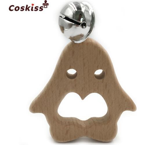 Baby Teether Bells Beech Wooden Penguin Natural Handmade Wooden Teether DIY Eco-Friendly Safe Newborns Enlightenment Toys