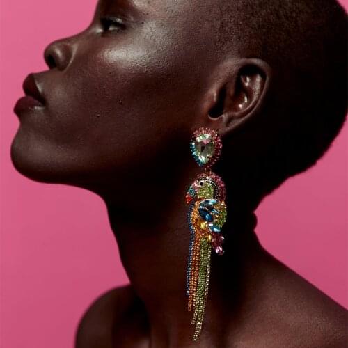 Long Colorful Rhinestone Parrot Shape Crystal Taseel Earrings for Women Exaggerated Bohemian Shiny Dangle Earrings 3C3008