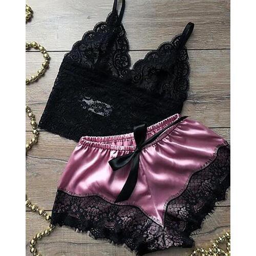 Womens Spaghetti Strap Lace Bowknot Lingerie Set Bedroom Plus Size Sets Female Intimate Sexywear Pajamas Lace Bra Top & Bottoms