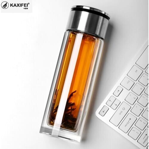 KAXIFEI Portable Office Double-Wall Glass Tea Bottle With Stainless Steel Tea Filter Water Bottle Anti-Scalding Business Mug