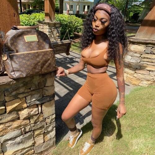 Black Brown Fitness Two Piece Matching Set Womens Clothes Low Cut Super-short Tank Top and Skinny Biker Short Streetwear Suits