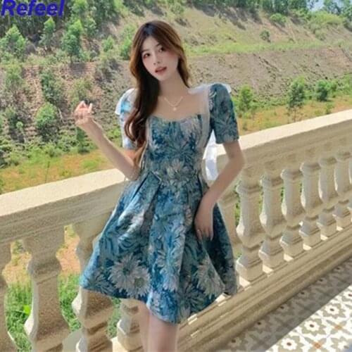 Summer new mini dress Monet garden light luxury first love retro gentle court oil painting temperament waist shaggy dress woman