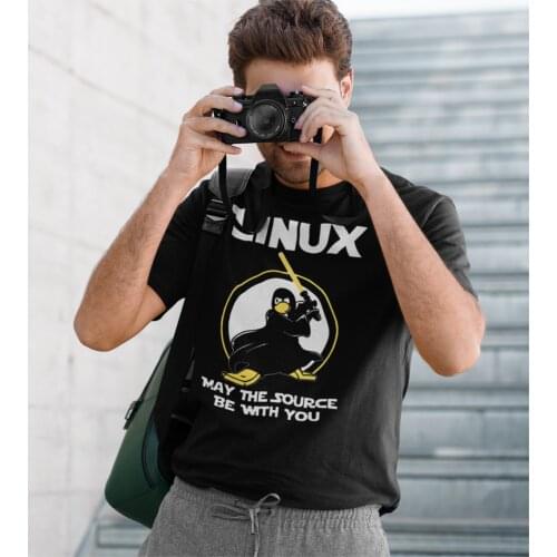 Linux May The Source Be With You T-Shirt Men Penguin Programmer Developer Programming Coding Nerd Vintage Tee Crew Neck T Shirts