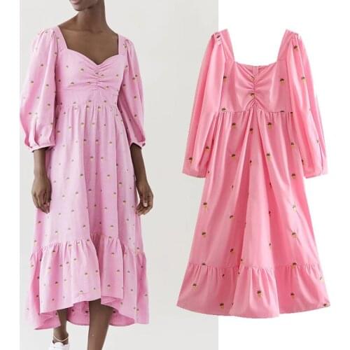 Nlzgmsj Za Dress 2021 Women Vintage Chic Long Sleeve Square Neck Dresses For Women Print Ladies Loose Midi Dress Vestidos 202106