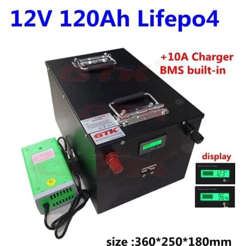 On sale! GTK steel case 12v 120ah not 100ah Lifepo4 battery pack with bms 4s for solar system inverter RV motorhome+10A Charger
