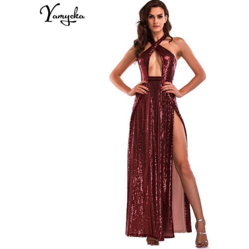 Luxury Woman Sexy Club Maxi Off The Shoulder Red Sequin Dress Long 2021 Summer Women Halter Backless Split Party Dresses