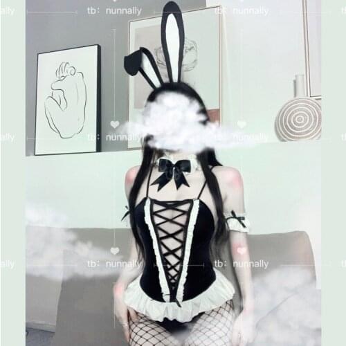 Sexy Cosplay Costumes Black Velvet Bunny Girl Anime Rabbit Uniform Porno Party Outfit for Women Sex Lingerie AV Sets Bodysuit