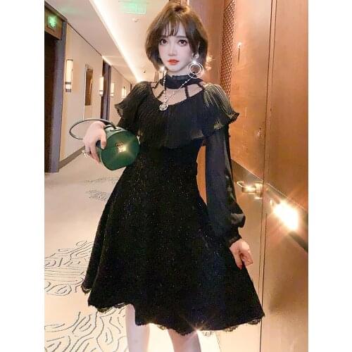 Temperament perspective yarn pleated edge bright silk High waist dress womens winter new High Quality