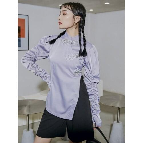 Harajuku Vintage Irregular Women‘S’Shirt Oblique Placket Plate Buttons Puff Sleeve Slim Blouse Female 2021 Spring Top 0297