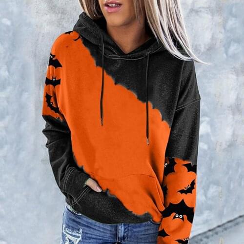 Women Hoodies Fashion Pocket Halloween Colourblock Printed Long Sleeve Oversized Hooded Sweatshirt Winter Warm Outwear Tops