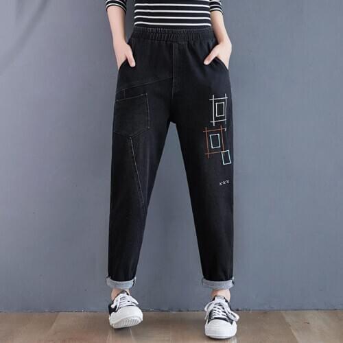 Women Casual Boyfriend Jeans New 2020 Autumn Korean Streetwear Vintage Embroidery Elastic Waist Female Loose Denim Pants S2349
