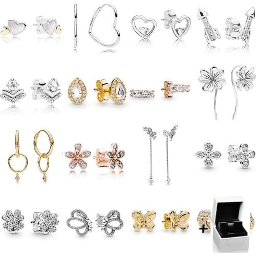 NEW 100% 925 Sterling Silver Shine Flower Stem Small Asymmetric Hearts of Love Hoop Earring Fit Women Original Jewelry with Box