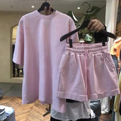 Womens 2021 Summer Korean Style Sport Suit Short Sleeve T-Shirt Wide Leg Pants Two Piece Suit Solid Cool Quick Dry Sportwear
