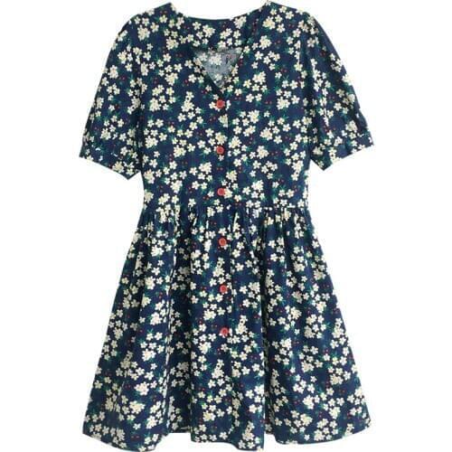 2020 Summer Mori Girl Sweet Women Dress Harajuku Flower Print Short Sleeve V-neck Pencil Dress YUPINCIAGA