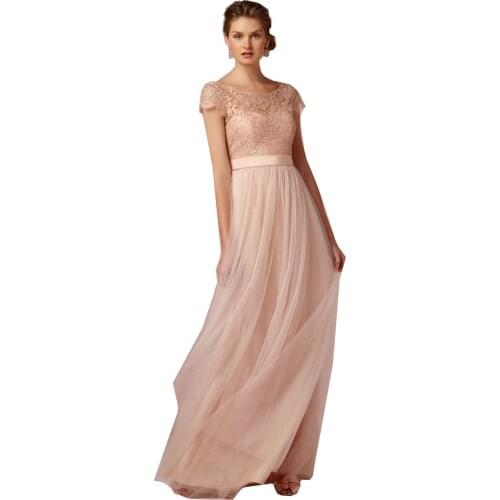 Vestido Para Madrinhas Pink Tulle Bridesmaid Dresses 2015 Short Sleeves Coral Lace A Line Robe Demoiselle D'honneur