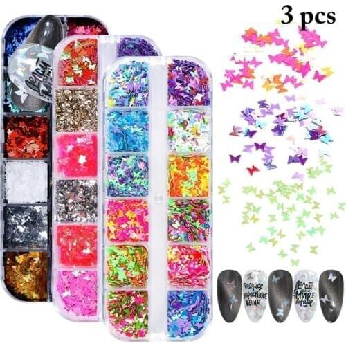 1Set Nail Sequin Decorative Fashion 12-Grid Nail Art Glitter Nail Art Decoration Colorful Butterfly Nail Glitter Sequin Nail Art