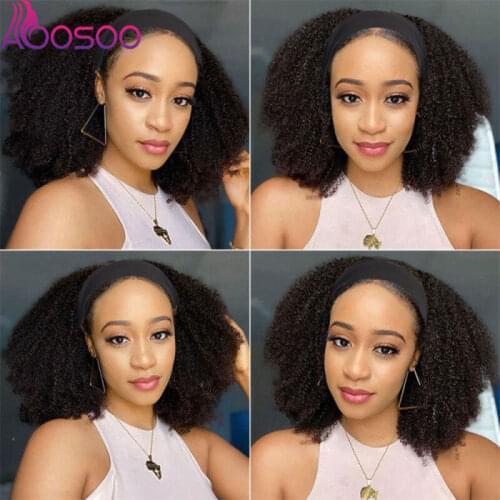 AOOSOO Brazilian kinky curly brazilian remy full head hair wig machine made bandana wig for female black natural color