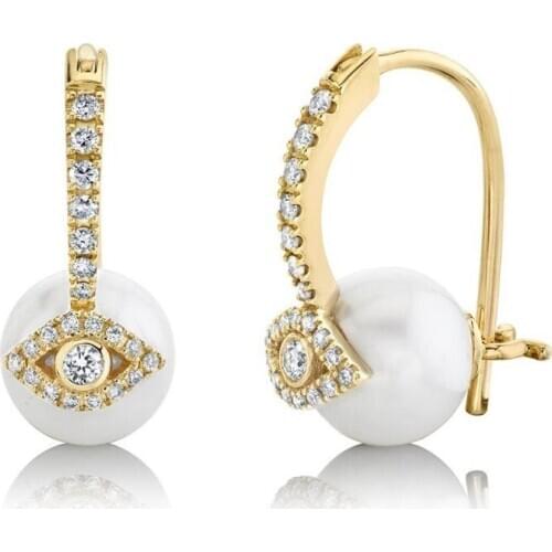 White fresh sea pearl beads round pearl balls inset micro pave cz evi eye charm new hoop earring for girl women