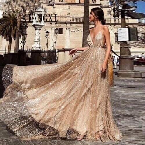 Sparkling Party Prom Gowns 2020 vestidos de graduacion A Line Spaghetti Straps V Neck Backless Sequin Gold Long Prom Dress