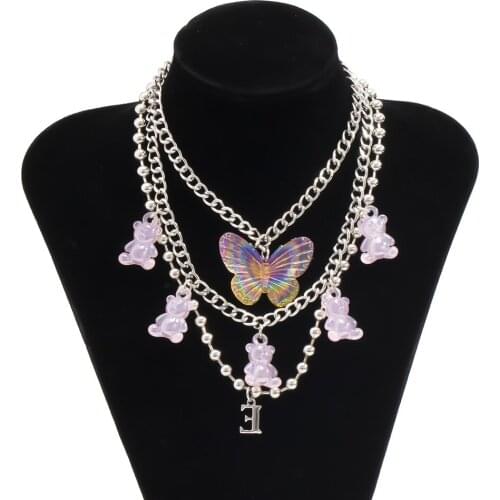 Exaggerated Letter Choker Round Bead Necklace Multi-layer Resin Butterfly Bear Pendant Layered Chain Gift Women Alloy Jewelry
