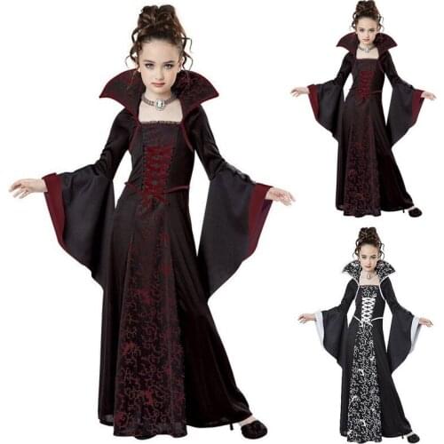 Kids Vampire Cosplay Halloween Dress for Girl Witch Vintage Scary Costume Performance Carnival Party Medieval Day of The Dead