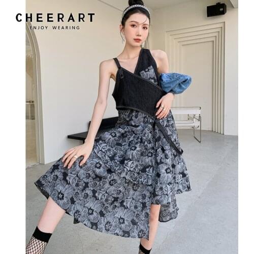 CHEERART Designer Denim Patchwork Tank Dress Women Summer Backless V Neck Black Floral Hibiscus Long Asymmetrical Dress 2021
