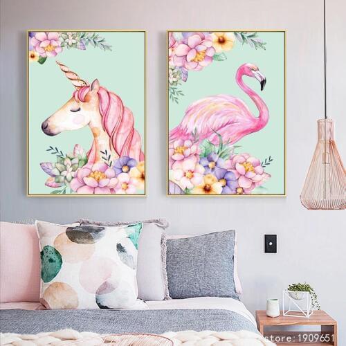 Cotton no frame modern cartoon flamingo unicorns canvas printings oil painting printed on cotton wall art decoration pictures