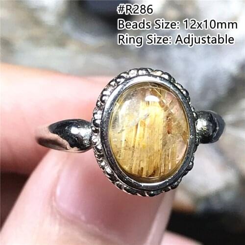 11mm Natural Gold Rutilated Quartz Crystal Ring For Woman Man 925 Silver Sterling Metal Adjustable Size Ring Jewelry AAAAA
