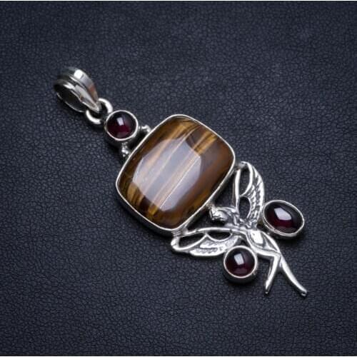 Natural Iron Tiger Eye and Amethyst Handmade Unique 925 Sterling Silver Pendant 2" X1097