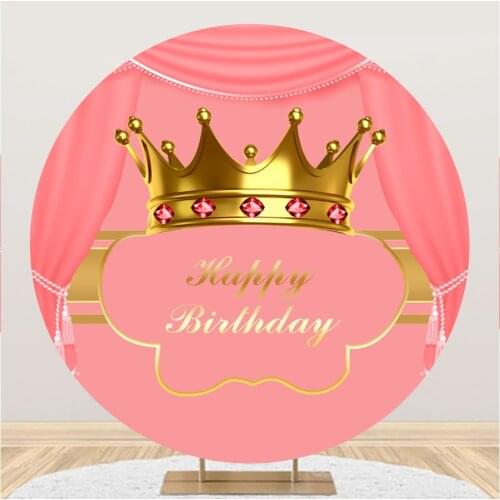 Laeacco Child Happy Birthday Party Round Backdrop Poster Gold Crown Pink Curtain Baby Portrait Customized Photography Background