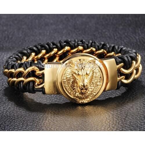 For Men Jewelry Genuine Leather Wristband Bracelet Stainless Steel Biker Gold Wolf Head With Curb Chain Bracelet Holiday Gift