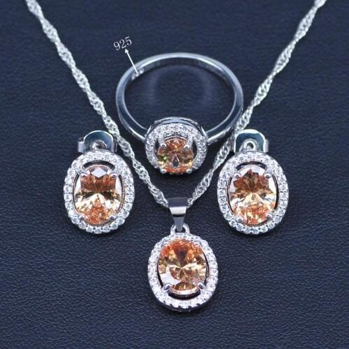 Natural Light Champagne Cubic Zircon Silver Color Jewelry Sets For Women Wedding Earrings/Pendant/Necklace/Rings